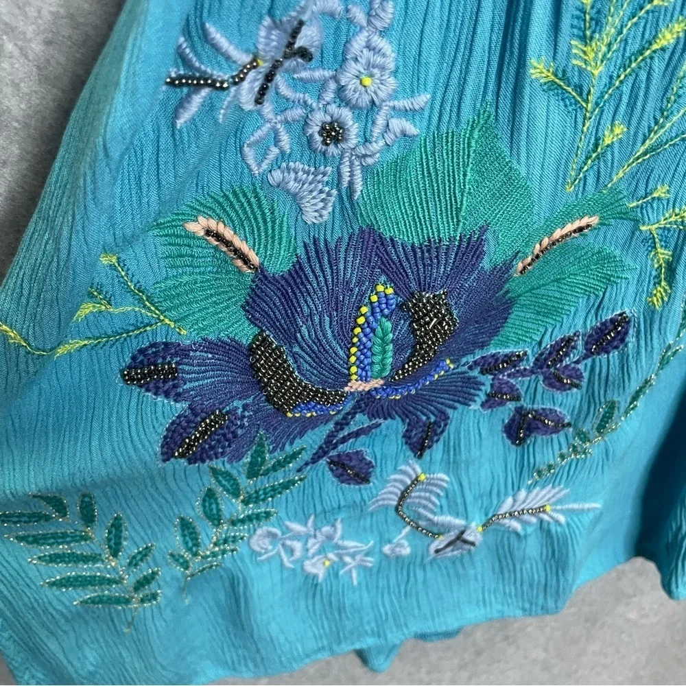 Chico’s Beaded Embroidered Fairycore Whimsy Open Front Tassel Tie Duster
